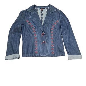 DStudio VTG Y2K Croppd Denim Jacket With Baseball Like‎ Stitching Sz 10